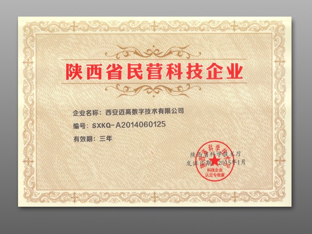 陕西省民营科技企业证书